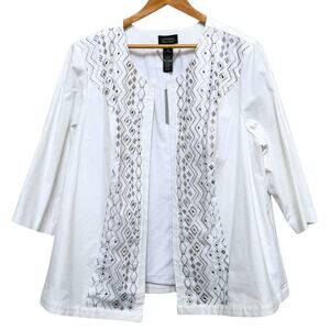 Catherine’s White Cotton Beaded Embroidered Trim Open Jacket Women’s Plus 2X NEW